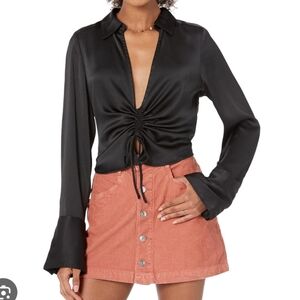 Free People Black Ruched Satin Blouse